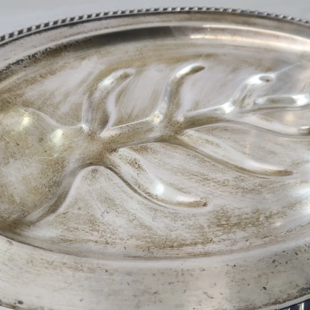 Vintage Silver Plate Meat Carving Tray Platter Juice Wells Footed Serving & Fork